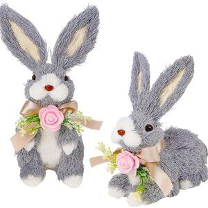 🐰🌸 Set of 2 Easter Straw Bunny Figurines – Adorable Spring Decor! 🥕